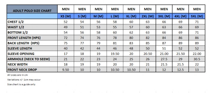 Polo Adult Size Chart